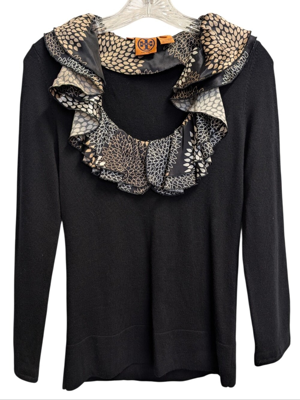 Tory Burch Black Wool Sweater With Removable Silk Ruffle Collar Size S